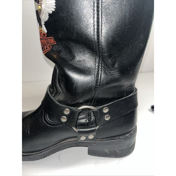 Harley Davidson Black Leather Boots Harness Embroider Eagle Logo SQ Toe- Men’s 9 - Picture 7 of 12